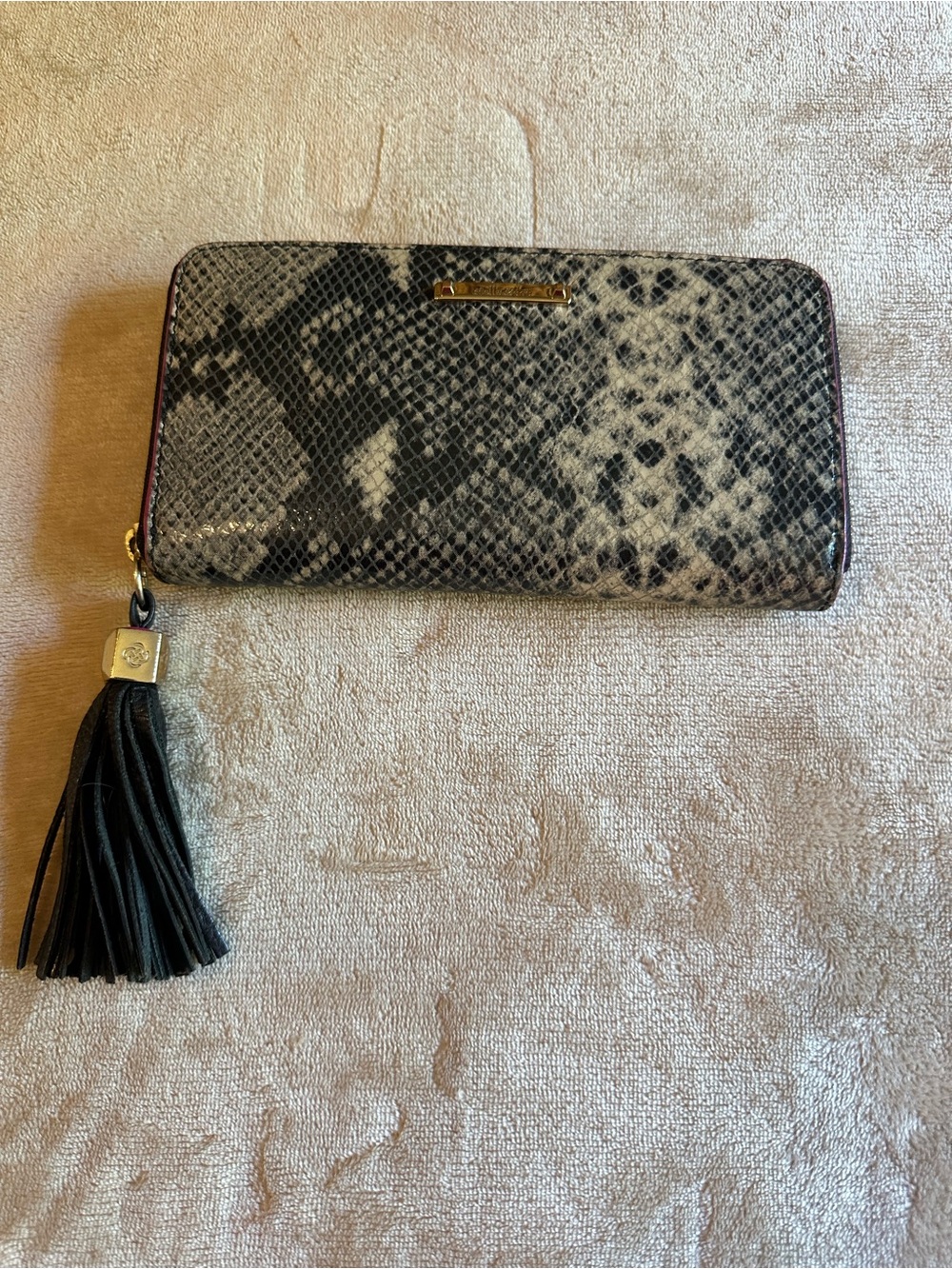 Stella & Dot Black and Gray Snake-Print Zip Wallet with Tassel